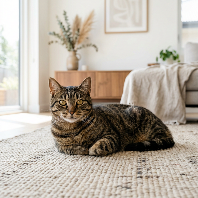 A healthy domestic shorthair cat relaxing in a sunlit living room